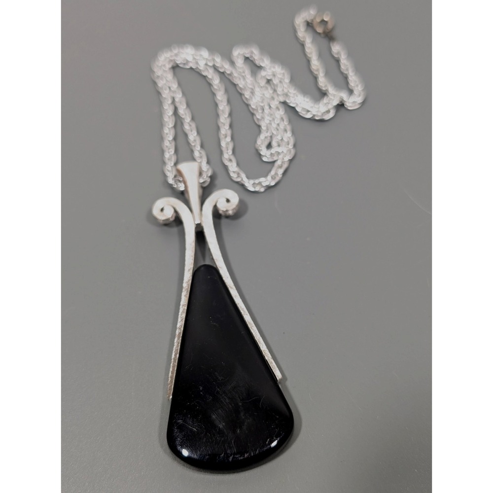 Vintage Avon Black Lucite‎ Ebony Egyptian Revival Silver Tone Necklace 24"